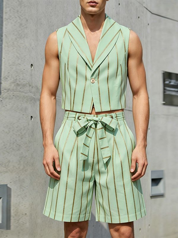Men's Avant-Garde Striped Cropped Lapel Two Pieces Outfit SKUL61886