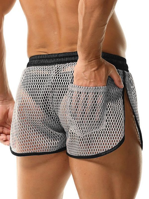 Men's Summer Beach Sexy Fishnet Mesh Side Split Drawstring Athletic Short SKUL68314