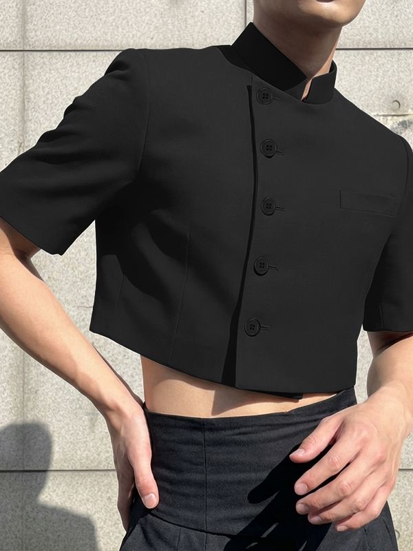 Men's Solid Color Stand Collar Cropped Short Sleeve Blazer SKUL50074