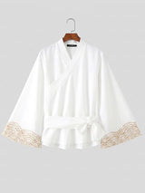 Men's Retro Resort Wave Embroidery Belted Wide Long Sleeve V-Neck Cardigan SKUL78345