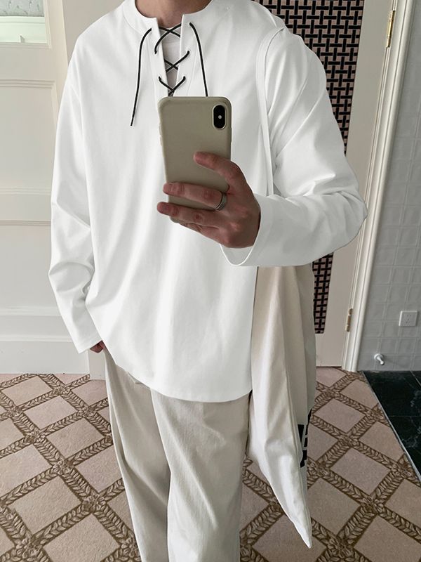 Men's Solid Drawstring Design Long Sleeve Shirt SKUL32948