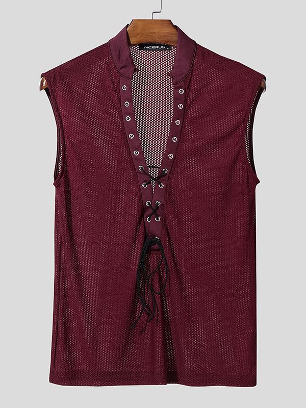 Men's Knit Mesh Drawstring Tie Stand Collar Tank SKUL48008