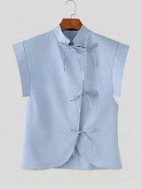 Men's Vintage Modern Chinese Slant Placket Tie-Knot Mandarin Collar Cap-Sleeve Shirt SKUL64088