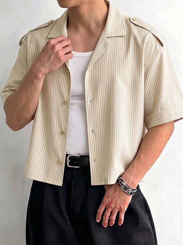 Men's Casual Holiday Striped Epaulet Crop Short Sleeve Shirt SKUL76409