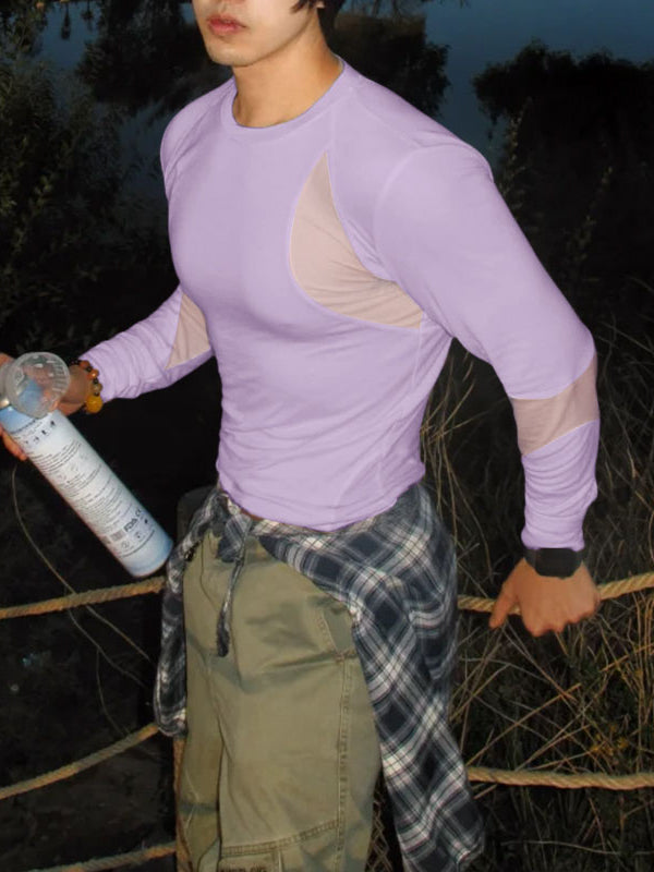 Men's Sheer Mesh Patchwork Long Sleeve T-shirt SKUL46211