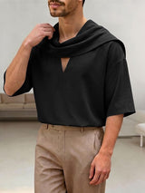 Men's Elegant Resort Draped Scarf Slit V Neck Dropped Shoulder Short Sleeve T-shirt SKUL60198