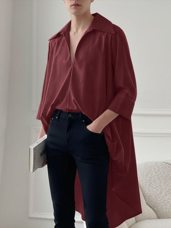 Men's Solid Color Long Hem Deep V Neck Long Sleeve Shirt SKUL50053