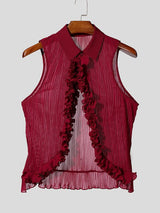 Men's Avant-Garde Pleated Ruffle Trim Deep V-Neck Lapel Tank SKUL60600