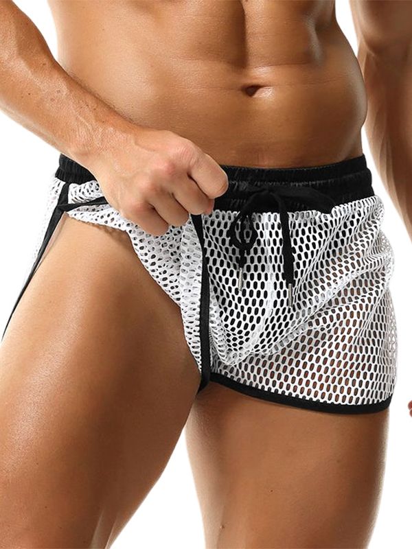 Men's Summer Beach Sexy Fishnet Mesh Side Split Drawstring Athletic Short SKUL68314