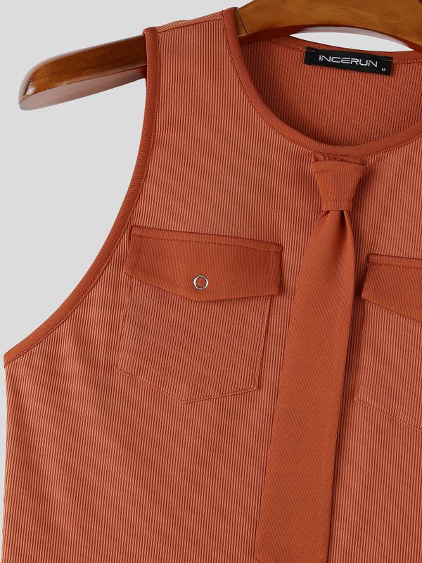 Men's Avant-Garde Tie Detail Cropped Ribbed Fitted Muscle Cargo Tank SKUL69668