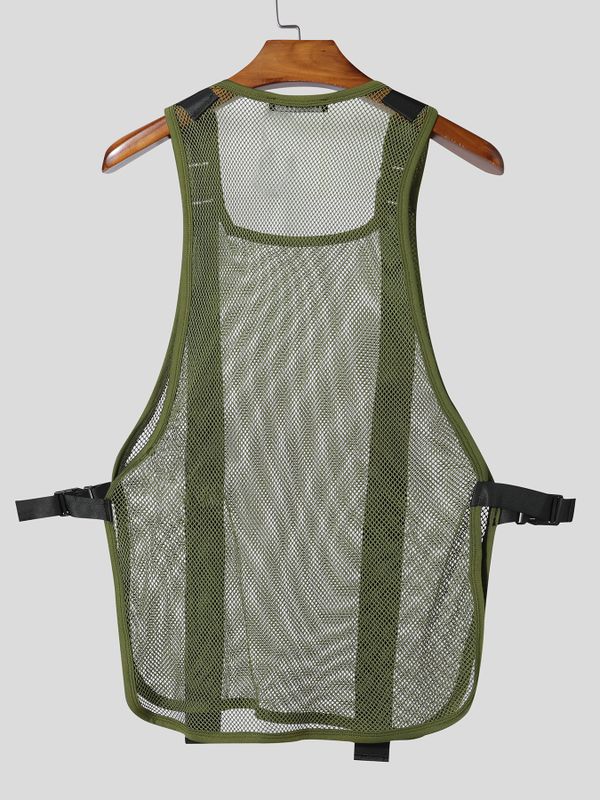 Men's Avant-Garde Tactical Buckle Harness Sheer Mesh Sideless Tank SKUL63046