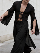 Men's Avant-Garde Longline Sheer Ribbed Tie-Front Flared Sleeve Cardigan SKUL57687