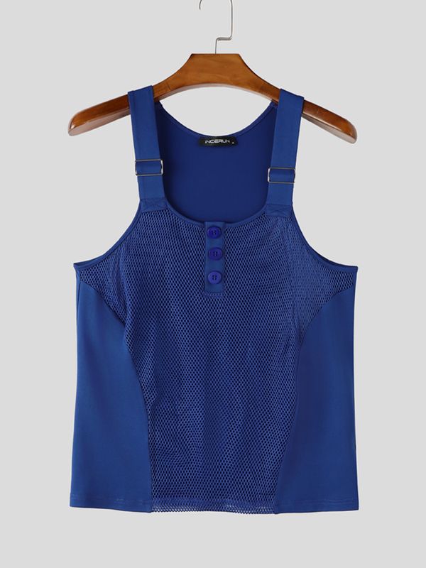Men's Sexy Sheer Mesh Fishnet Buckle Strap Button Front Tank SKUL73604