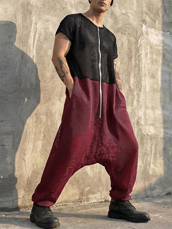 Men's Avant-Garde Two-Tone Mesh Drop-Crotch Zipper Jumpsuit SKUL56630