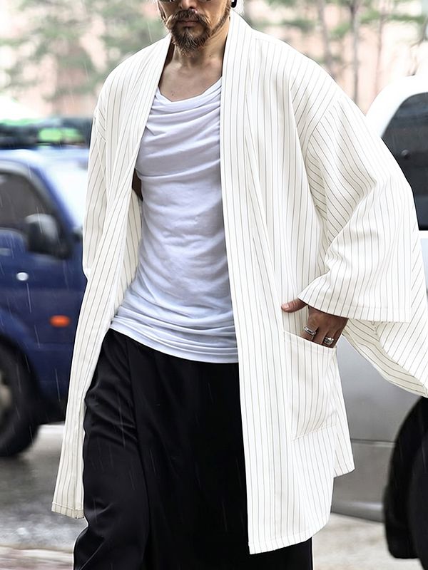 Men's Japanese Zen Striped Patch Pocket Open Front Wide Sleeve Cardigan SKUL72503