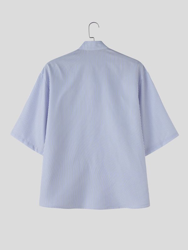 Men's Avant-Garde Neo-Chinese Pinstripe Ribbon Asymmetrical Shirt SKUL63952