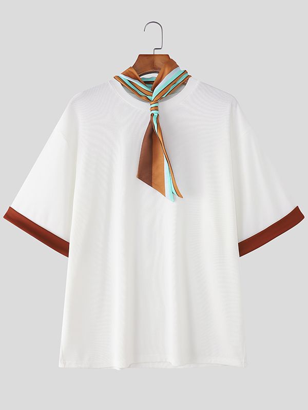 Men's Solid Color Textured Scarf Short Sleeve T-shirt SKUL30510