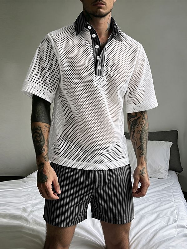 Men's Vintage Casual Stripe Contrast Mesh Two Pieces Outfit SKUL70356