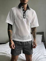 Men's Vintage Casual Stripe Contrast Mesh Two Pieces Outfit SKUL70356