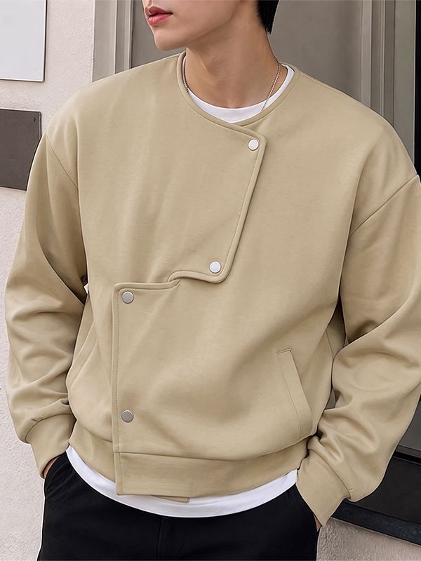 Men's Avant-Garde Chic City Walk Asymmetric Stepped Snap Placket Crewneck Jacket SKUL84565