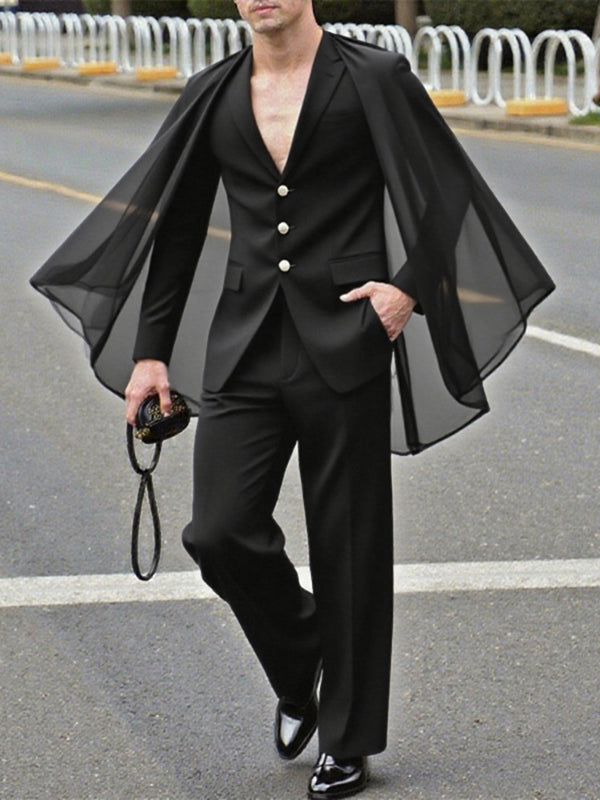 Men's Sheer Cape Patchwork Casual Two Pieces Outfit SKUL25765