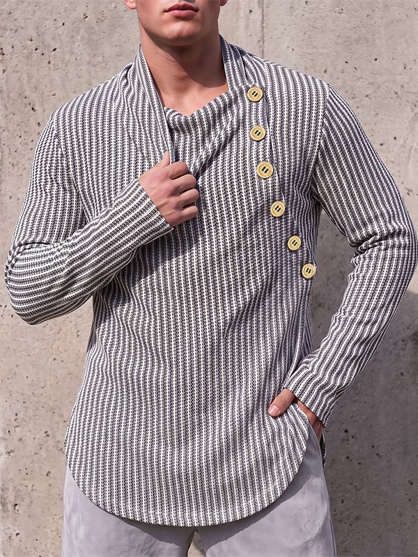 Men's Avant-Garde Early Autumn Casual Asymmetrical Side Button Vertical Stripe Long Sleeve Cowl Neck T-shirt SKUL83122