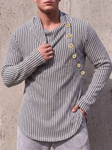 Men's Avant-Garde Early Autumn Casual Asymmetrical Side Button Vertical Stripe Long Sleeve Cowl Neck T-shirt SKUL83122