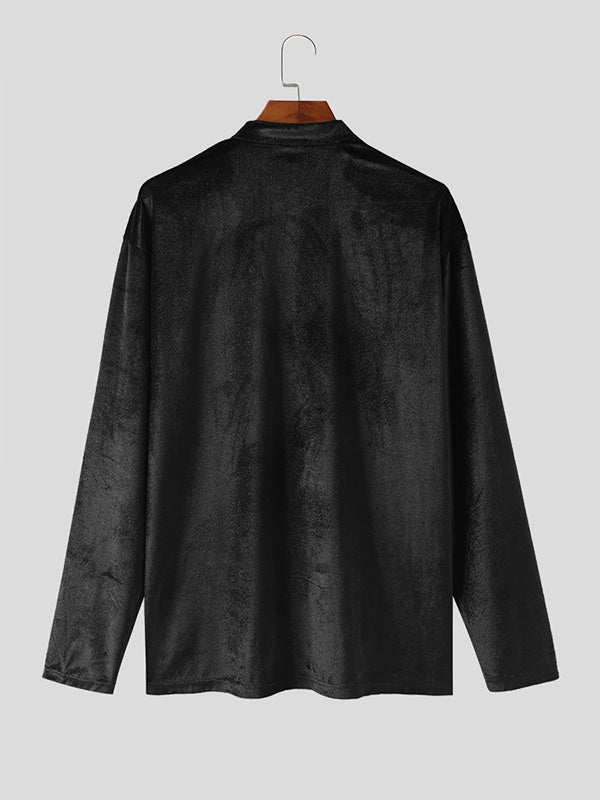 Mens Velvet Notched Neck Long Sleeve T-Shirt SKUK39327