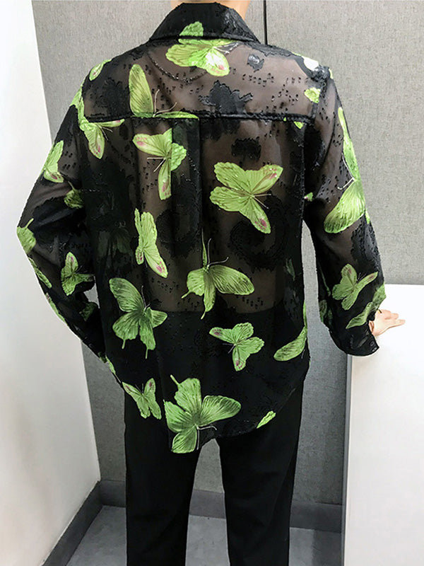 Mens Butterfly Print Sheer Long Sleeve Shirt SKUK68196