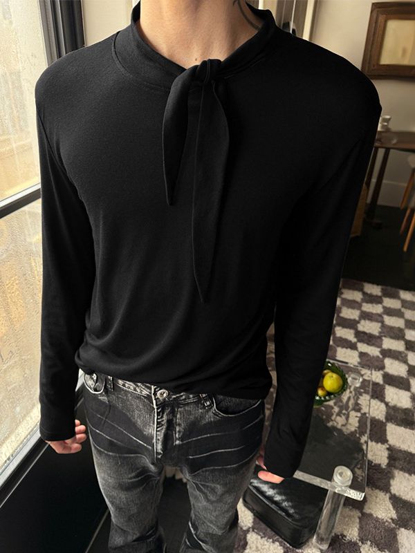 Men's Solid Color Tie Long Sleeve T-Shirt SKUL38544