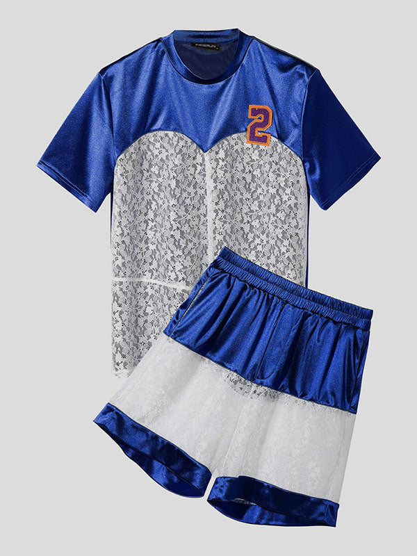 Mens Digital Print Lace Patchwork Two Pieces Outfit SKUL20285