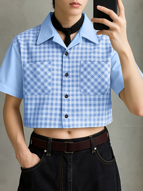 Men's Plaid Cropped Short Sleeve Shirt SKUL29767