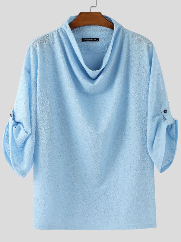 Men's Sheer Lace Draped Collar Long Sleeve T-Shirt SKUL37581