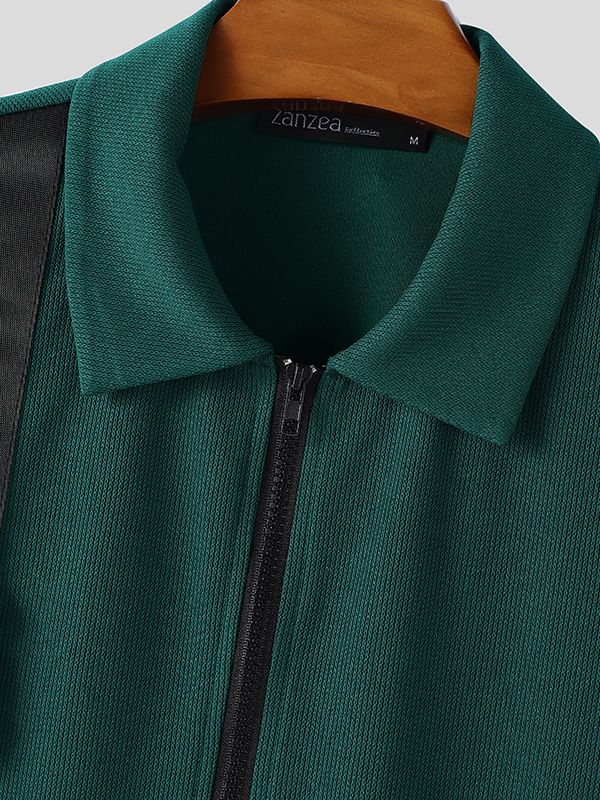 Men's Solid Color Textured Zipper Short Sleeve T-shirt SKUL46018