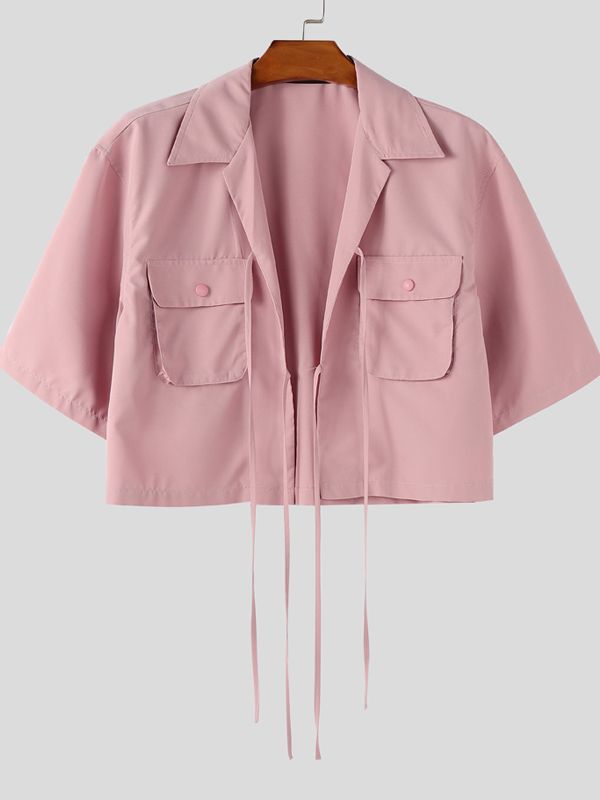 Men's Drawstring Patch Pocket Short Sleeve Shirt SKUL39361