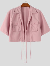 Men's Drawstring Patch Pocket Short Sleeve Shirt SKUL39361