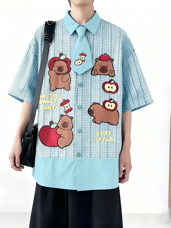Men's Cartoon Print Plaid Short Sleeve Shirt SKUL50069