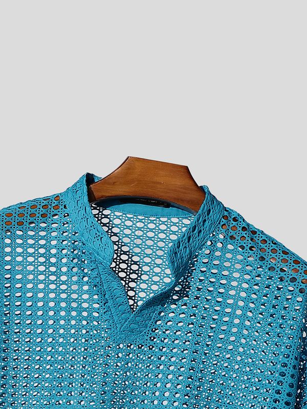 Men's Sheer Mesh Stand Collar Short Sleeve T-shirt SKUL59482