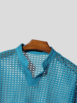 Men's Sheer Mesh Stand Collar Short Sleeve T-shirt SKUL59482