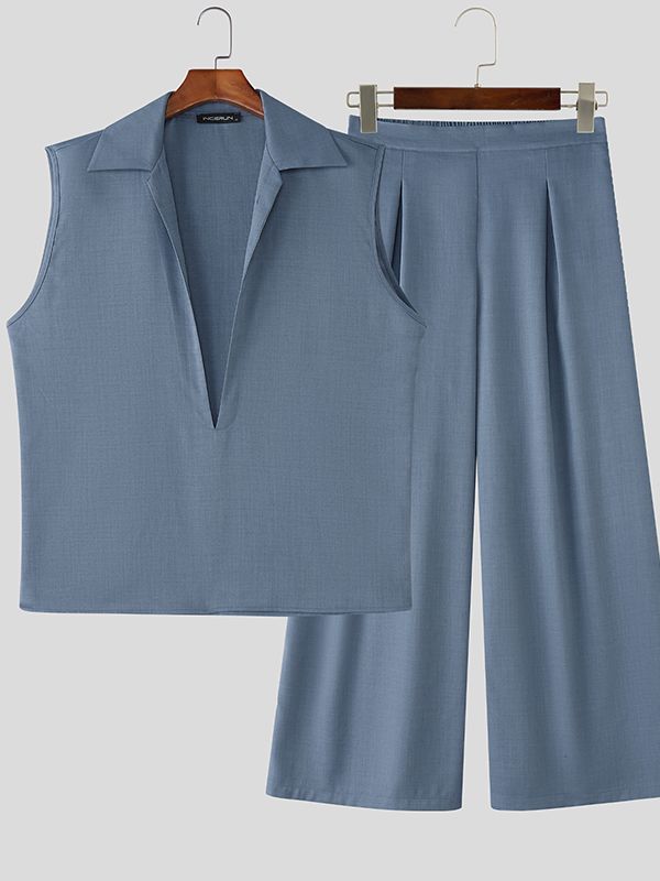 Men's Solid Color Half Placket Lapel Two Pieces Outfit SKUL39769