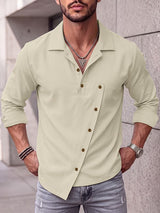 Men's Early Autumn Urban Casual Side Slanted Button Up Clean Fit Long Sleeve Lapel Collar Shirt SKUL81844