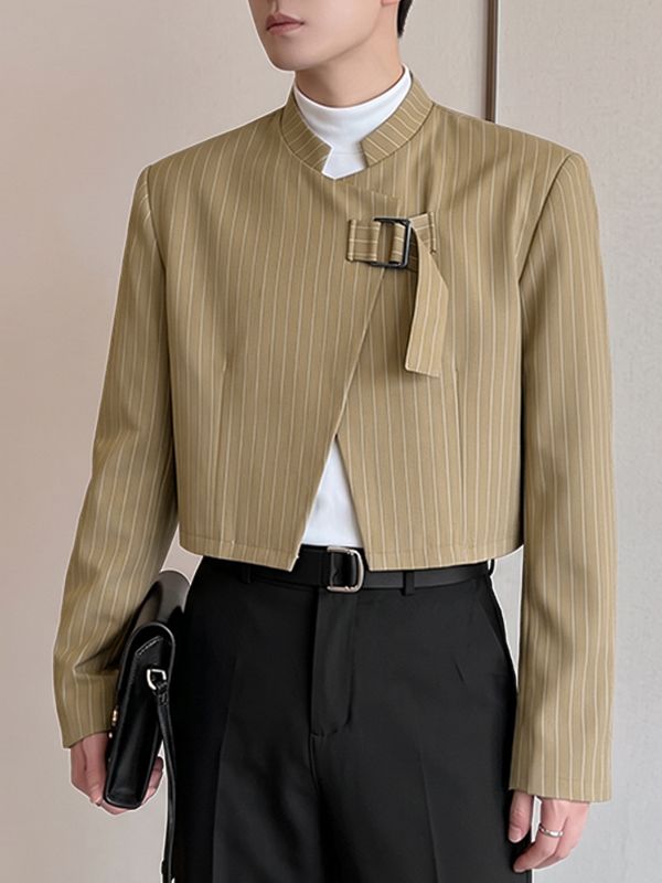 Men's Avant-Garde Pinstripe Stand Collar Asymmetrical Buckle Cropped Blazer SKUL77994