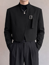 Men's Avant-Garde Deconstructed Stage Runway Asymmetric Stand Collar Buckle Cropped Blazer SKUL85938