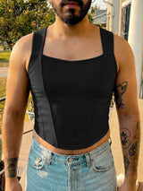 Men's Back Tie Design Knit Textured Cropped Tank SKUL57688