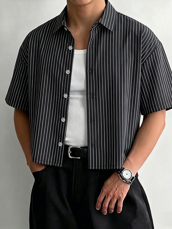 Men's Trendy Casual Lightweight Vertical Striped Boxy Cropped Short Sleeve Shirt SKUL68346