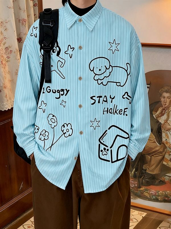 Men's Hand Drawn Cartoon Print Long Sleeve Shirt SKUL48771