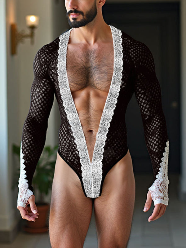 Men's Sheer Mesh Lace Patchwork Bodysuit SKUL22255