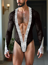 Men's Sheer Mesh Lace Patchwork Bodysuit SKUL22255