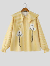 Men's Floral Print Striped Asymmetric Collar Long Sleeve Shirt SKUL50834