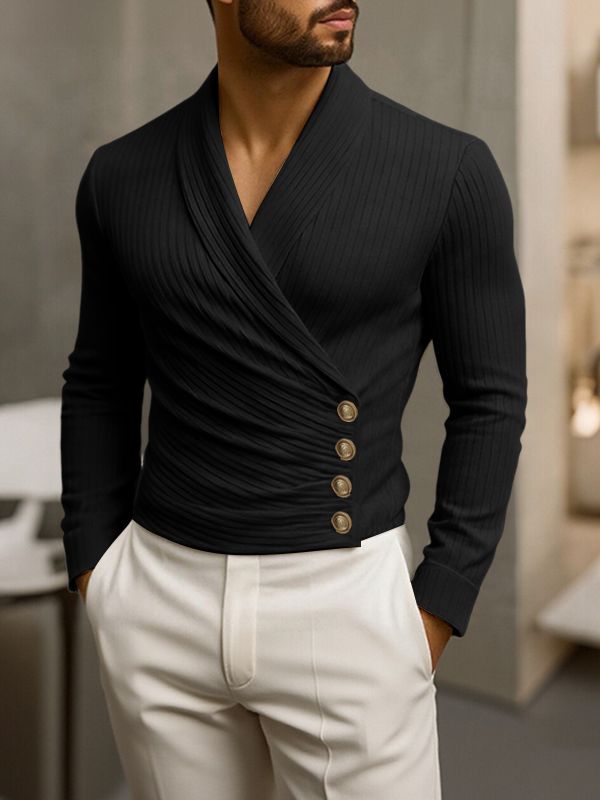 Men's Solid Color Asymmetric Placket Knit Long Sleeve T-shirt SKUL44008